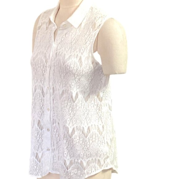 Kirra Lace Sleeveless Button-Down Shirt w/ Cutout Back Sz L Cream White 228P - Picture 4 of 7